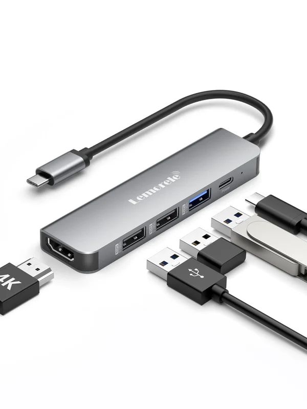 Lemorele USB C Hub com HDMI 4K, PD 100W Carregador Rápido, Adaptador Dock Station 5 em 1 para Notebook com 3 Portas USB 3.0, para MacBook & Windows