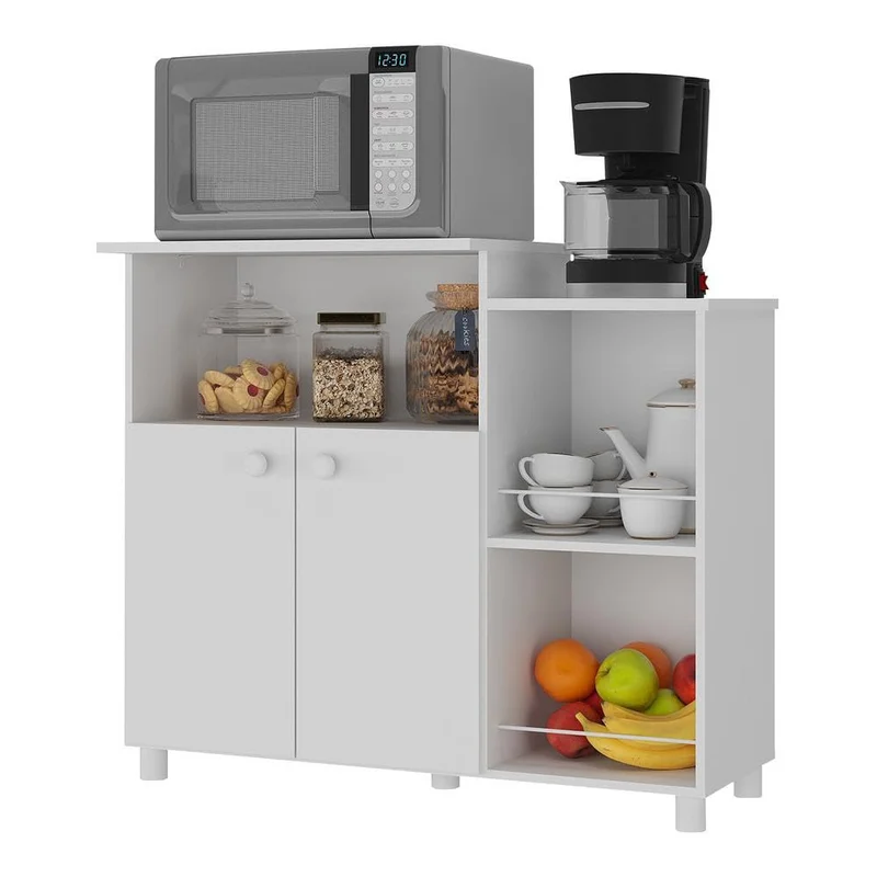 Balcão Fruteira Multimóveis para Forno e Micro-ondas, 2 Portas, Nicho para Galão de Água, Cozinha/Lavanderia - Branco Premium