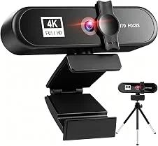 Webcam 4K Full HD com Foco Automático, 8 Megapixels, 2 Microfones com Cancelamento de Ruído, Ângulo de Visão 120°, Anti-Voyeur, com Tripé