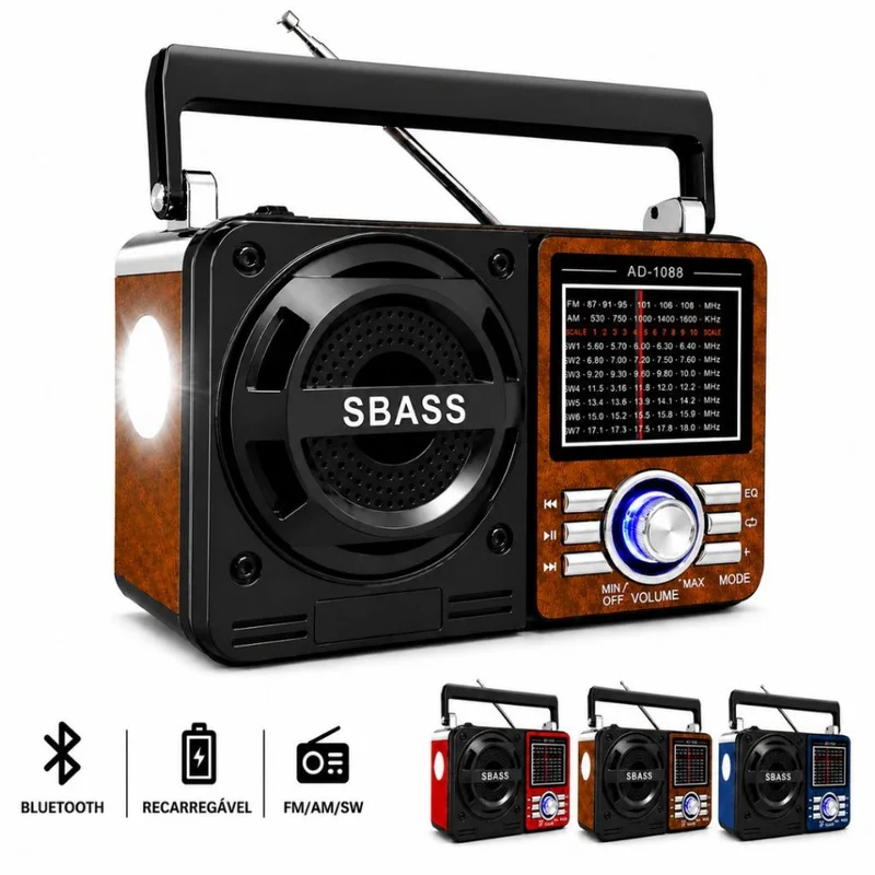 Rádio Caixa de Som Bluetooth Recarregável Lanterna Retro Portátil FM AM USB SD Pilha