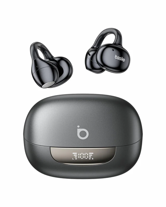 Basike Fone de Ouvido Bluetooth Esportivo para Corrida, Clip-On Open-Ear | Som de Alta Fidelidade, Chamadas Claras, Toque Inteligente, Bateria 40H, Display LED, BT 6.0 para Android e iOS (Preto)