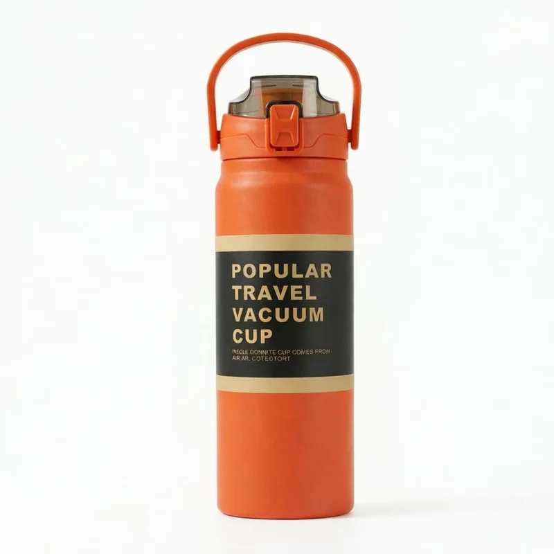 Garrafa Térmica em Aço Inox Grande com Canudo Alça e Trava Parede Dupla 900ML (Laranja)