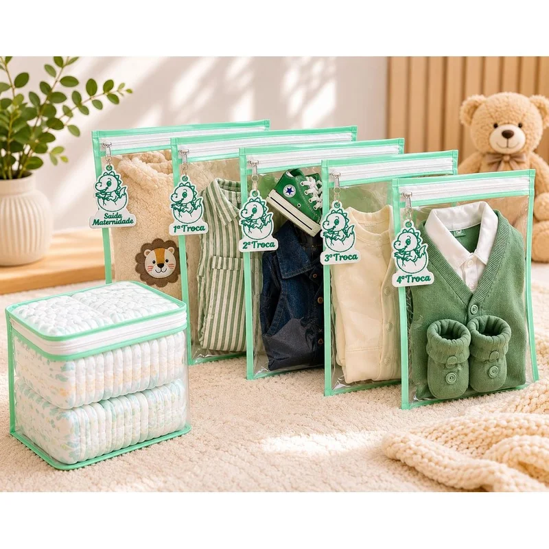 Kit Organizador Mala Maternidade Bebê Completo 5 Saquinhos + Tags Bordadas + Porta Fralda Luxo