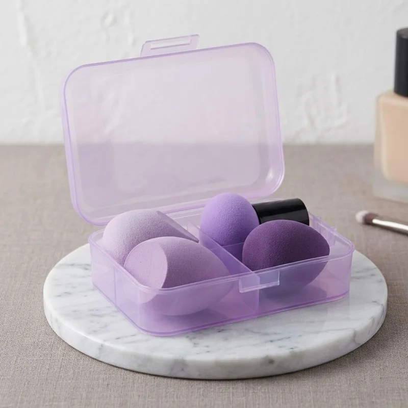 Kit Esponjas e Pincel Hexagonal para Maquiagem com ESTOJO – 1 Esponja Cogumelo/Pirulito, 1 Pincel Hexagonal, 2 Esponjas Gota – Profissional Para Base, Corretivo, Pó, Blush – Cores Sortidas (Lilás)