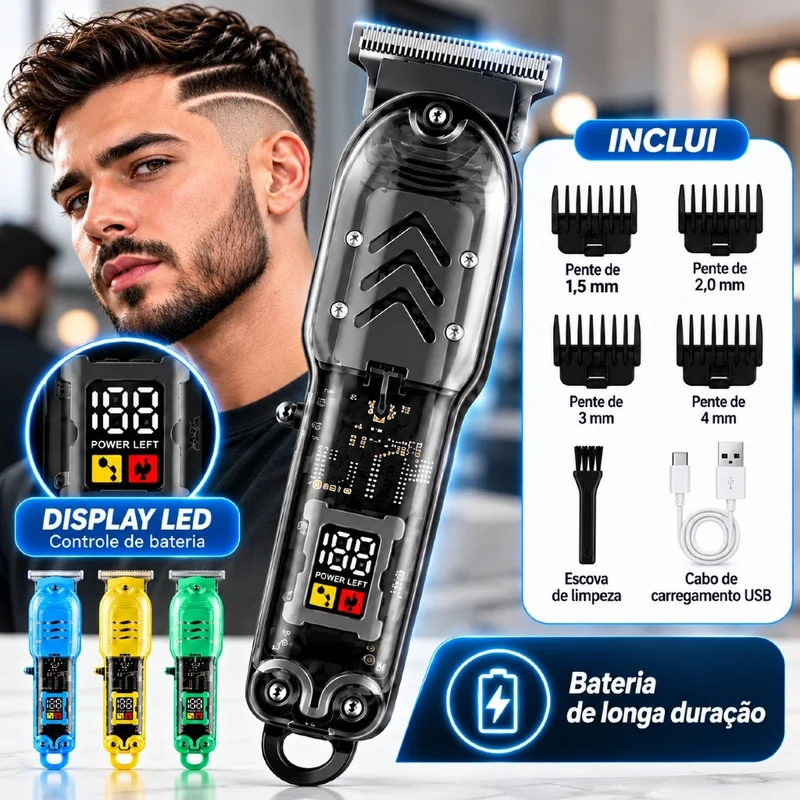 Máquina de Cortar Cabelo Profissional Sem Fio Barbeador Elétrico Smart LCD Transparente Recarregável Masculino