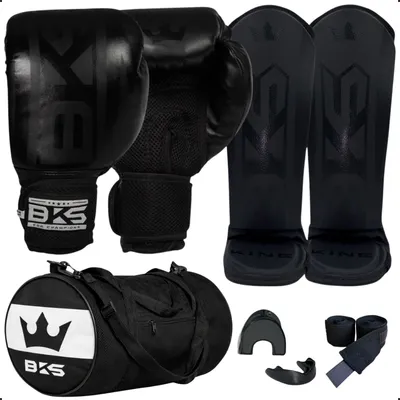 Kit Luva de Boxe Completo para Iniciantes - BKS Boxing - Muay Thai Kickboxing com Caneleira Bandagem Bucal e Bolsa