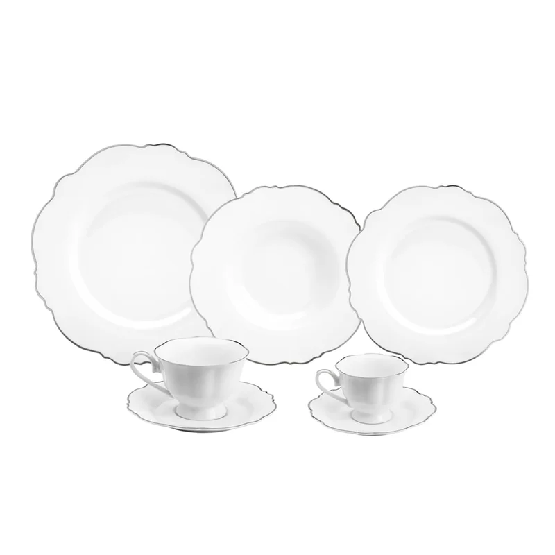 WOLFF - Aparelho de Jantar 42 Peças de Porcelana Maldivas Branco com Fio Prata