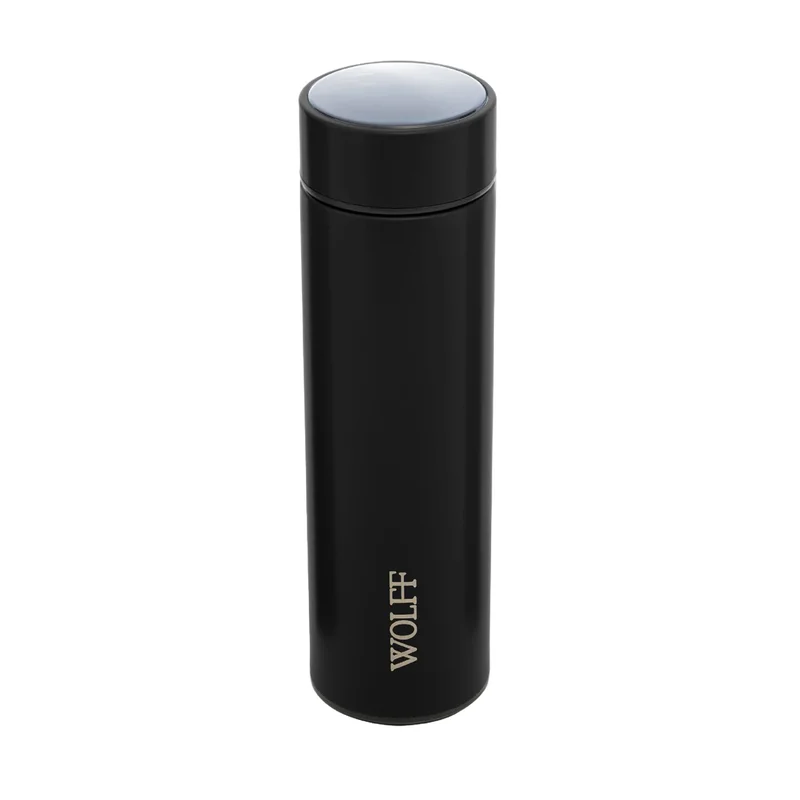WOLFF - Garrafa Térmica de Aço Inox com Termômetro em Led 500ml Preto - Conserva Bebidas Quentes e Frias