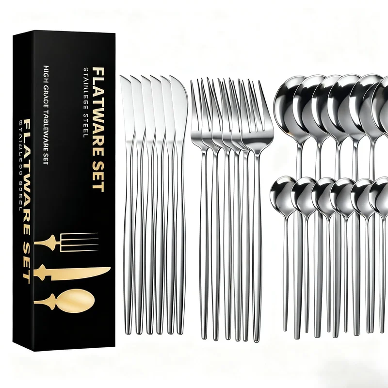 AUXOM Faqueiro 24 Peças em Aço Inox 416 - Jogo de Talheres Premium com Caixa Litografada, Polido e Espelhado de faca e garfo Conjunto para Mesa Posta e Utensílios de Casa/Restaurante (Prata)