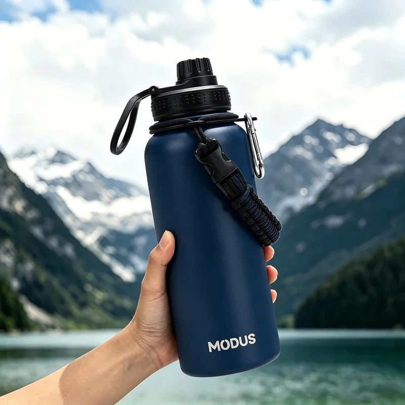MODUS Garrafa Térmica 950ml – 24h Gelada, Alça Paracord, Tampa Antivazamento, sem BPA (Azul)