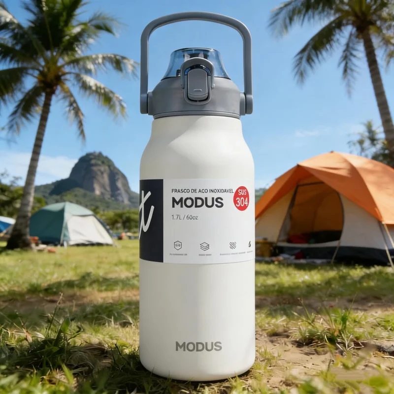 Garrafa Térmica de Aço Inoxidável 1700ml com Abertura por Pressão, Alça de Transporte e Base Antiderrapante de Silicone – Mantém a Água Gelada por até 24 Horas (Branco)
