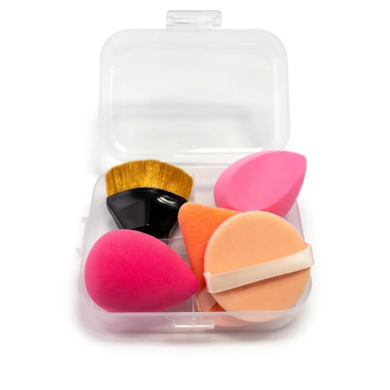 Kit Esponjas Maquiagem Profissional 4 em 1 + Pincel Kabuki + Estojo Transparente | Látex Macio, Aplicação Perfeita de Base, Corretivo e Pó | Rosa, Pêssego e Preto