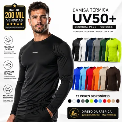 Camisa Térmica Proteção Uv 50+ Segunda Pele Camiseta Malha Fria Unissex Academia Manga Longa Lisa