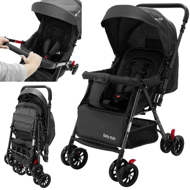 Carrinho de Bebê Reversível Passeio Runner até 15kg com Capota Retratil Reclinável Bandeja Cesto 4 Rodas Travas Cinto 5 Pontos e INMETRO (Preto)
