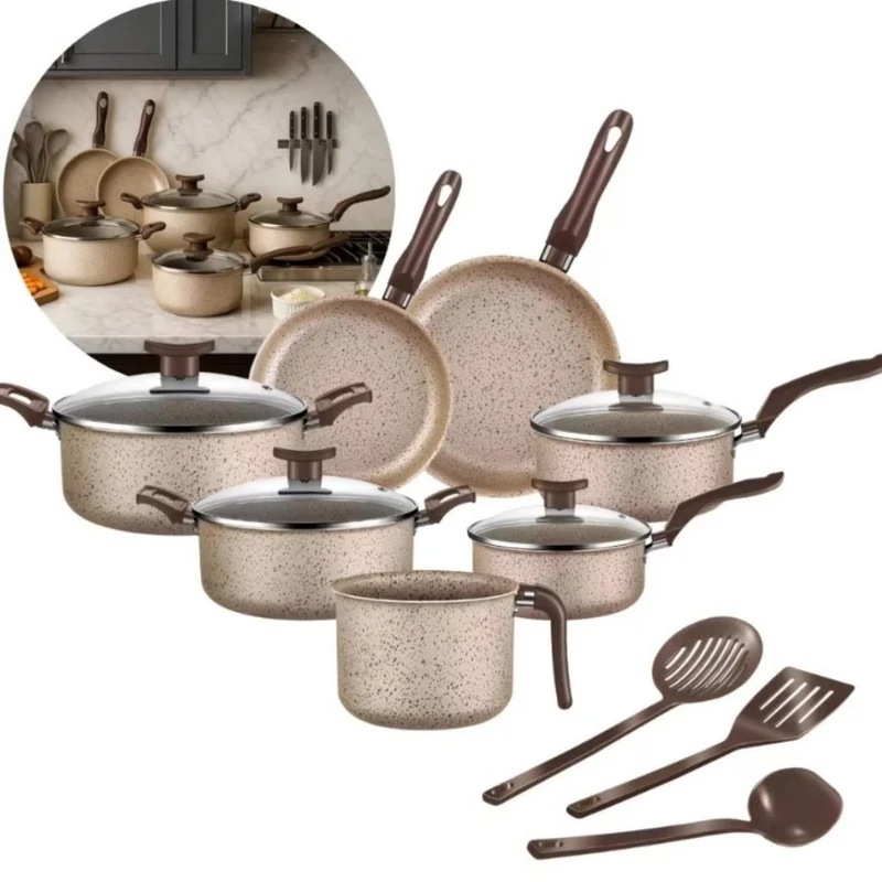 Jogo De Panelas 10 Peças Antiaderente Conjunto Frigideira Fervedor tampa de vidro Cor Coffee Cappuccino Kit Talheres