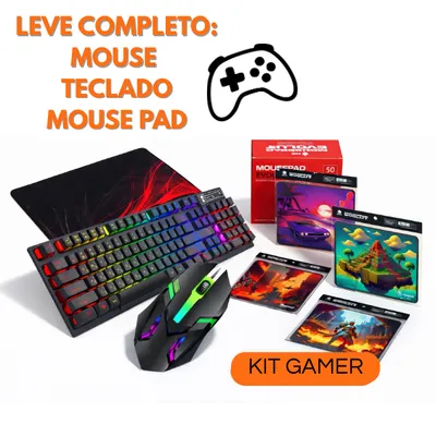 Kit Gamer: Teclado Semi Mecânico RGB + Mouse RGB Óptico + Mouse Pad Profissional, PC, Not, Xbox,Ps5