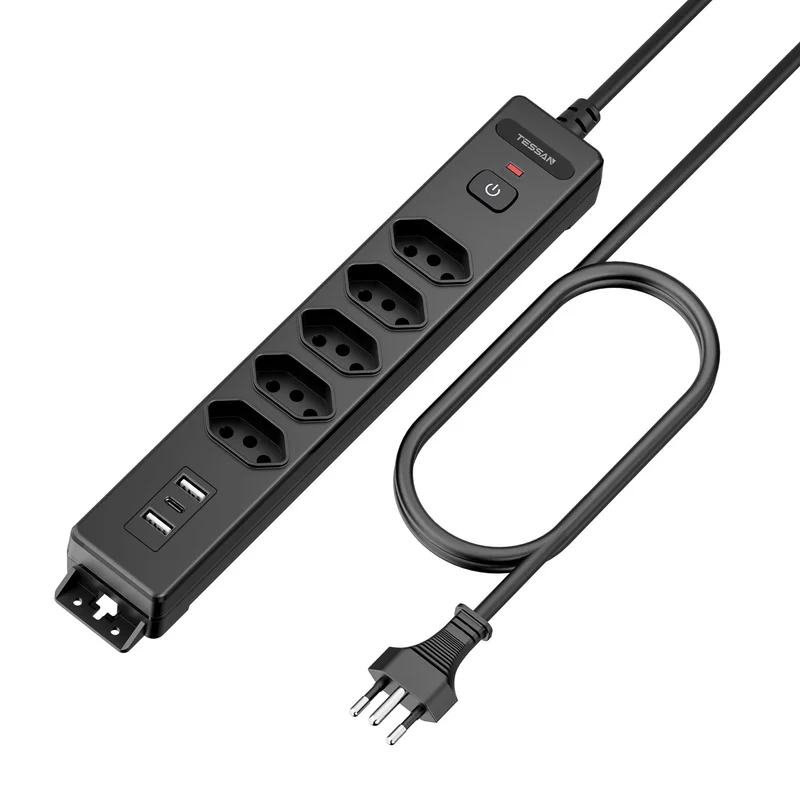 TESSAN Filtro de Linha 3 Pinos, Extensao Eletrica com 5 Tomadas 3 USB, 1,5M | 2 USB A, 1 Tipo C, 2500W 10A, Régua Tomada, Regua de Energia para Casa, Escritório e Eletrônicos
