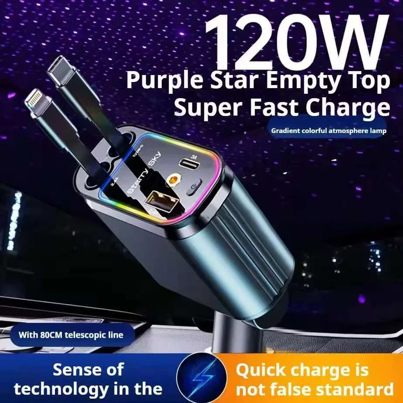 Carregador de carro retrátil com luz LED, carregador de carro rápido 4 em 1 de 120 W para iPhone e Android