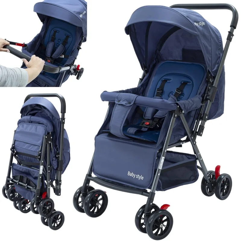 Carrinho de Bebê Reversível Passeio Runner até 15kg com Capota Retratil Reclinável Bandeja Cesto 4 Rodas Travas Cinto 5 Pontos e INMETRO (Azul)