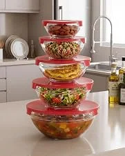 Jogo de Potes de Vidro Bowl com Tampa 5 Peças para Mantimentos e Alimentos Chalesco