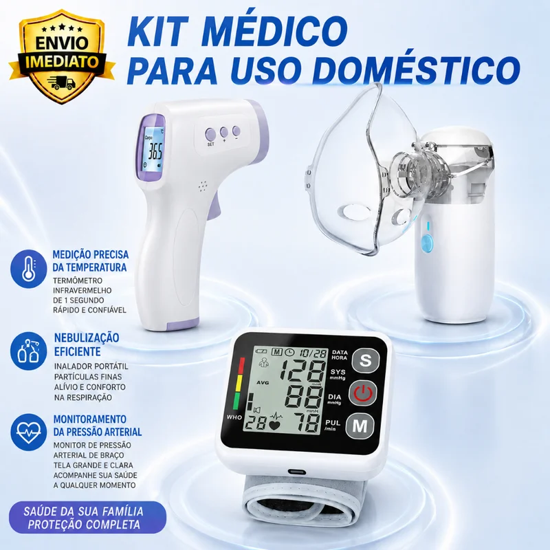 Medidor de Pressão Digital + Nebulizador + Termômetro Infravermelho Sem Contato