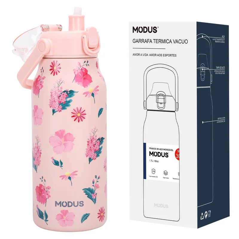 MODUS Garrafa Térmica De Grande Capacidade Fria E Quente Vácuo 1700mL (Rosa Flores)