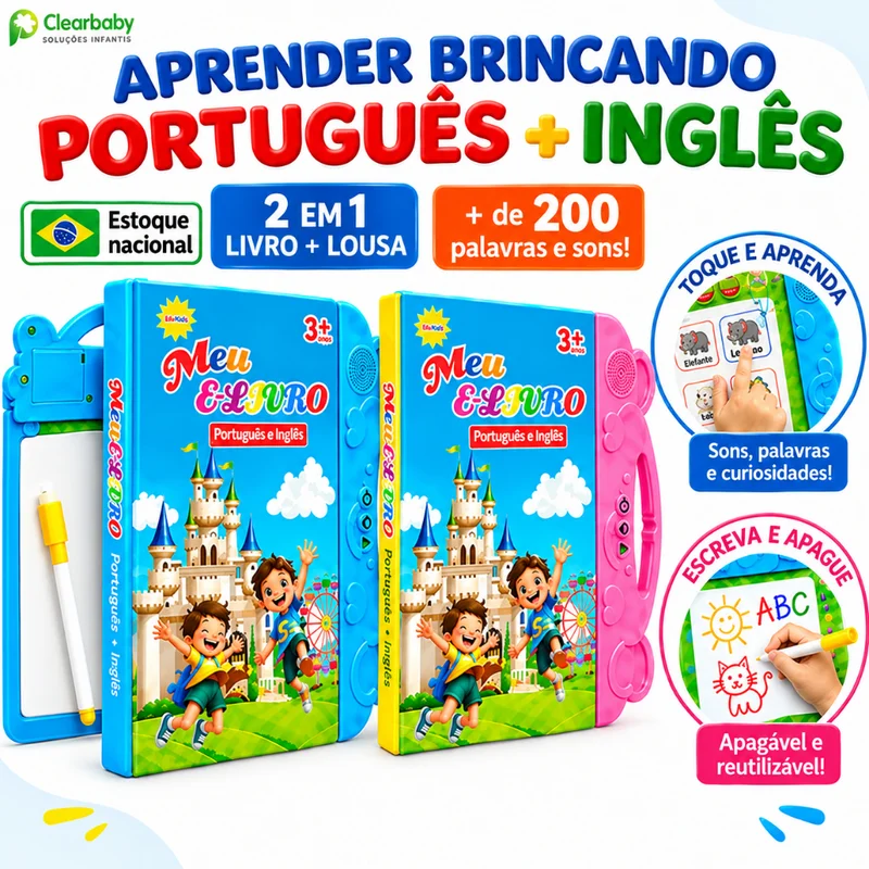 Livro Sonoro Interativo para Crianças Português e Inglês Livro Ilustrado Bilíngue Brinquedo Educativo Sensível ao Toque