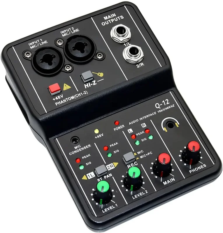 Q-12 Interface de audio,placa de som profissional de canal USB 2.0 DC 5V de alta velocidade, função de monitor para estúdio/gravação musical/jogos/Equipamentos para Gravação Musical