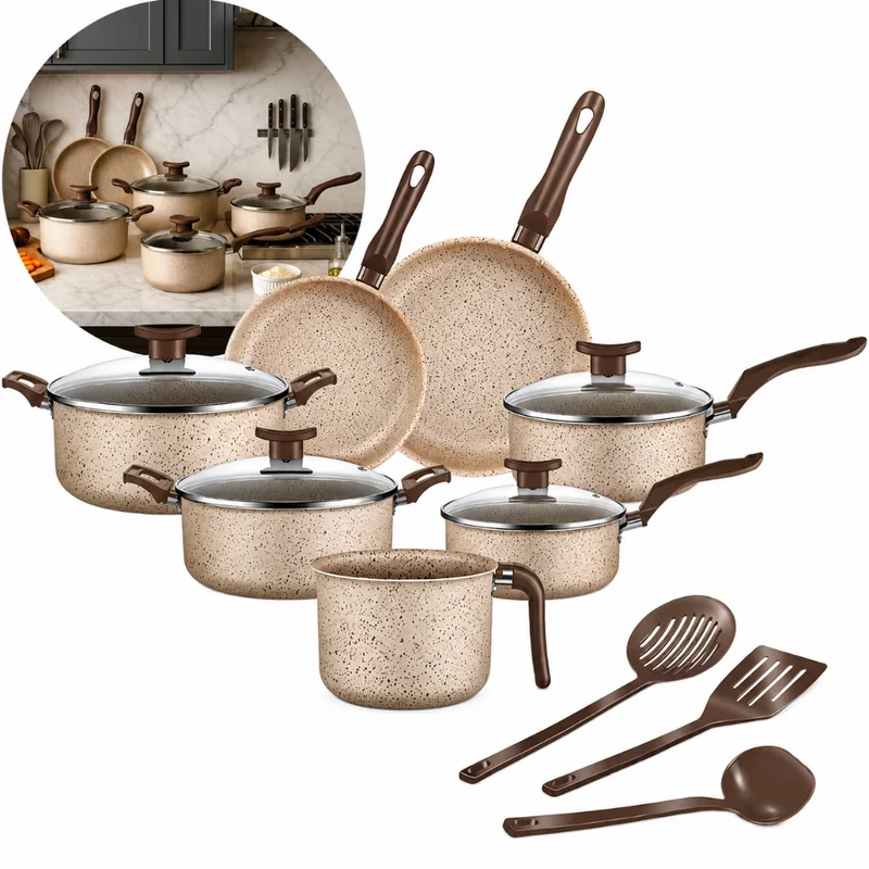 Jogo De Panelas 10 Peças Antiaderente Conjunto Frigideira Fervedor tampa de vidro Cor Coffee Cappuccino Kit Talheres