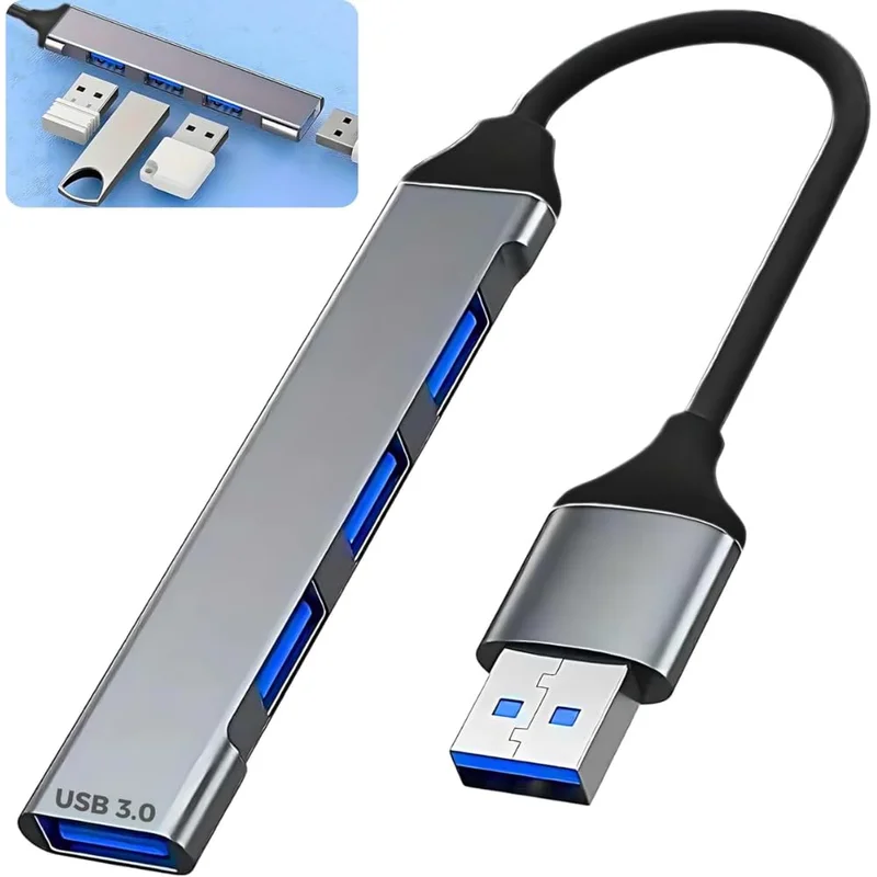 Hub USB-A 3.0 Adaptador Multiportas 4 em 1, Alumínio, Preto, até 5 Gbps, Compacto, compatível com Notebook, Macbook, iPad, Dock Station, Dex, Rasppberry