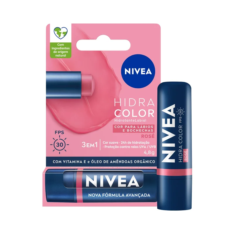 NIVEA Hidratante Labial Hidra Color 3 em 1 Rosé 4,8g, Cor Intensa, Hidratação 24h, Proteção UVA/UVB, Lábios e Bochechas