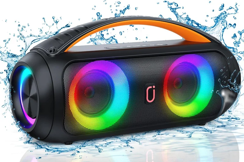JYX Caixa de Som Bluetooth Portátil, Boombox Potente com Subwoofer, Som Alto e Graves Fortes, IP65 à Prova d’Água, para Festas, Praia e Acampamentos, Compatível com BT/TWS/USB/TF/AUX, Controle Remoto