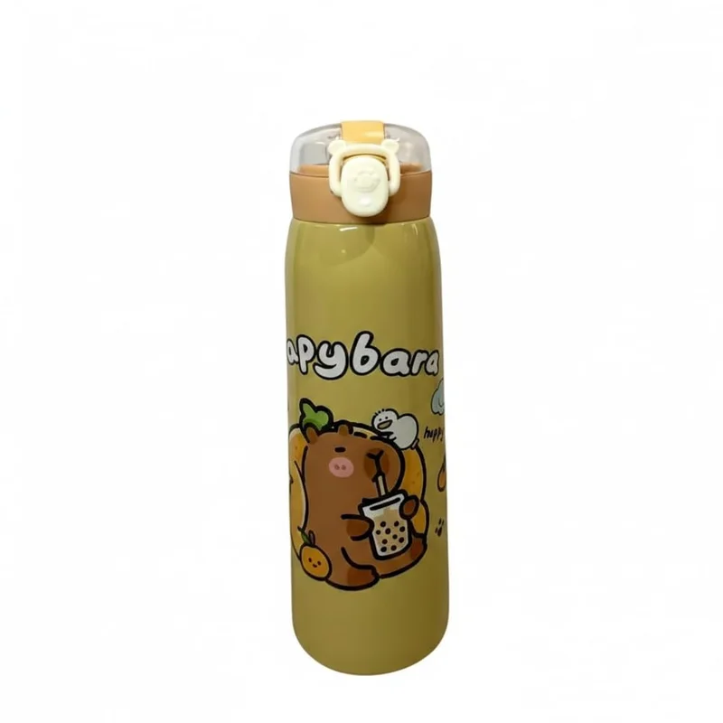 Garrafa Térmica Infantil de Aço Inox com Estampa de Capivara com Trava e Canudo de 500ml (Bege)