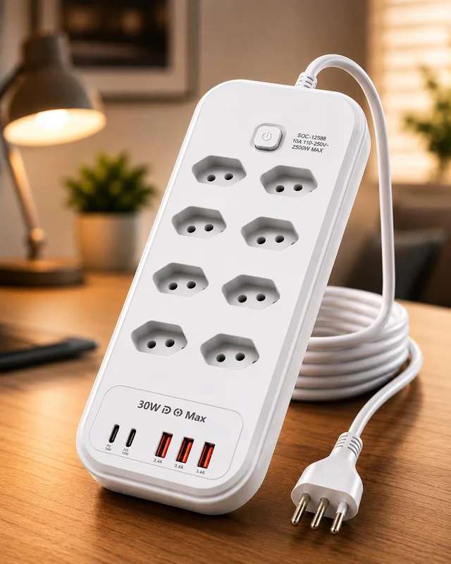 Filtro de Linha Extensão Elétrica 8 Tomadas 5 USB PD 30W Cabo 2m | Centralize energia e carregamento em um só lugar com 8 tomadas, 5 portas USB, cabo de 2 metros e potência de até 2500W.