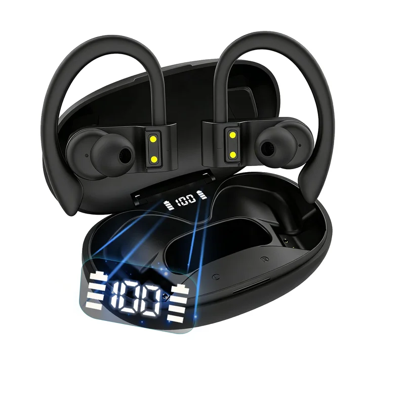 H'MASTON Fone de Ouvido Bluetooth Fone Sem Fio Esportivo com LED Display Prova Dágua Cancelamento de Ruido Earbuds RS-52 (Preto)