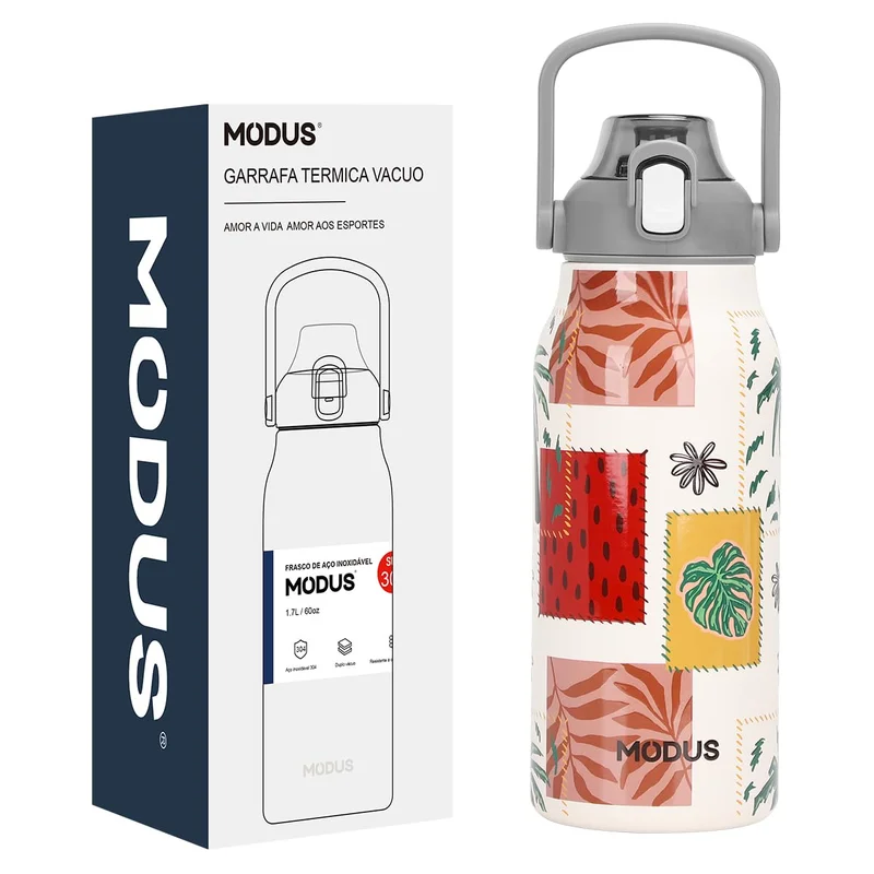 Garrafa Térmica de Aço Inox Dupla Parede 1,7 Litro Isolamento a Vácuo – Design com Estampa 3D em Relevo (Branco Praia Tropical)