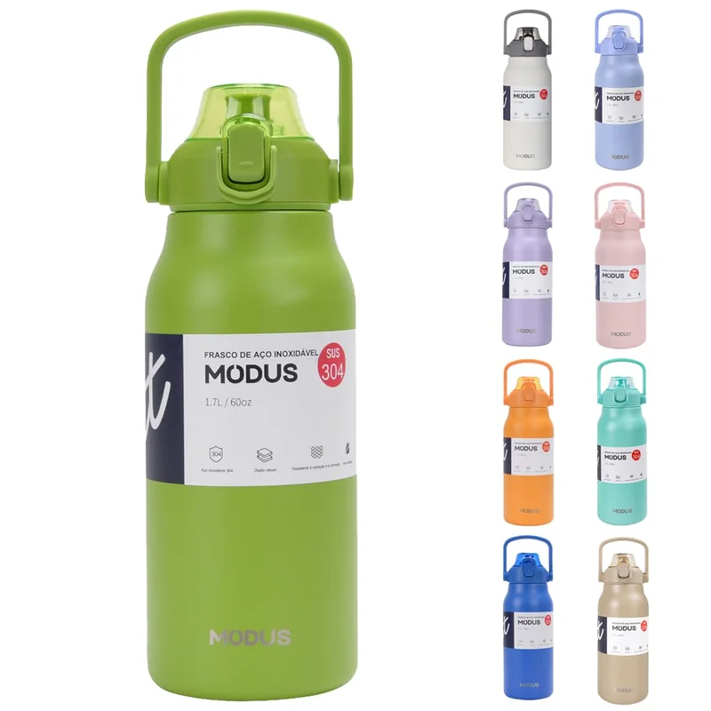Garrafa Térmica De Viagem Inox 1700ml Água Com Canudo Verde Abacate