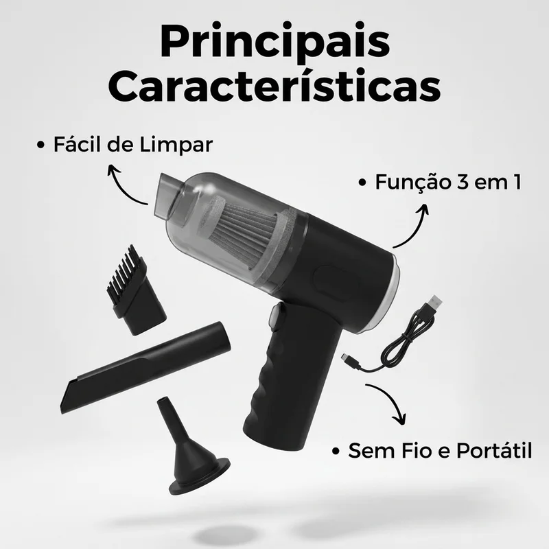 Mini Aspirador de Pó Soprador Portátil Sem Fio Sucção 3 em 1 USB Recarregável Bivolt 120w