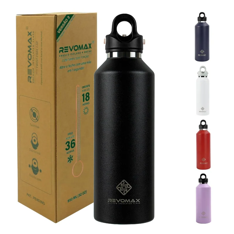 Revomax Garrafa Térmica Desportiva de Vácuo em Aço Inoxidável, Copos Portátil para Viagem 950ml (Preto)