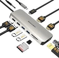 Estação de ancoragem para monitor duplo USB C, estação de ancoragem WAVLINK com dois HDMI, DP, 100W PD, USB 3.0 e 2.0, RJ45, slots SD/TF, áudio/microfone, compatível apenas com computadores Windows