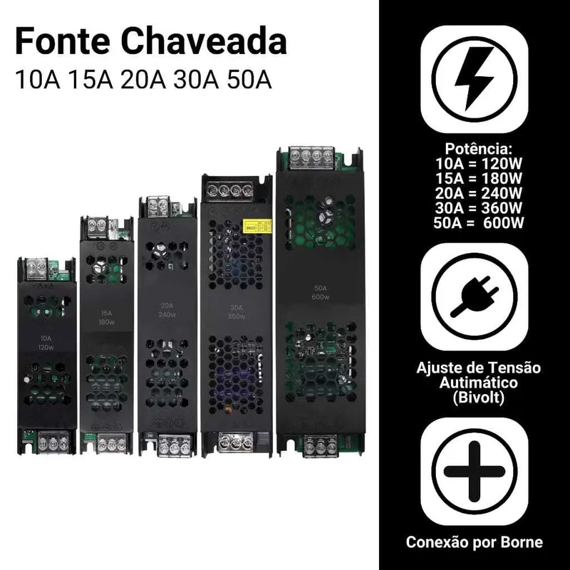 Fonte Chaveada 12v/24v 5A|10A|20A|30A|50A Capa Preta P/ Cftv Fita Led Som Automotivo Bivolt