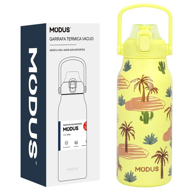 Garrafa Térmica de Aço Inox Dupla Parede 1,7 Litro Isolamento a Vácuo – Design com Estampa 3D em Relevo (Amarelo Coqueiro)