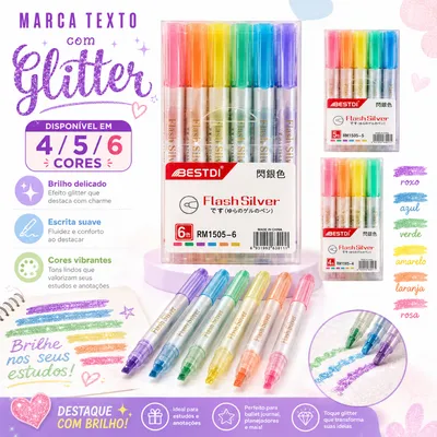 Caneta Glitter 4/6 Cores Flash Silver Gel Marcador Metálico para Bullet Journal Agenda Desenho DIY