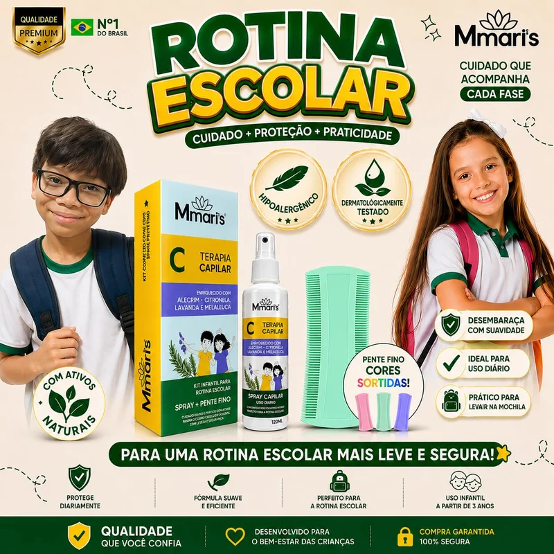 Removedor Extrator Tira Piolho Solta Lendea Spray Capilar Combate Piolhos E Lêndeas Creme De Pentear Sem Enxague 120ml + Pente Fino M MariS Rotina Escolar Dermatologicamente Testado e Hipoalergênico