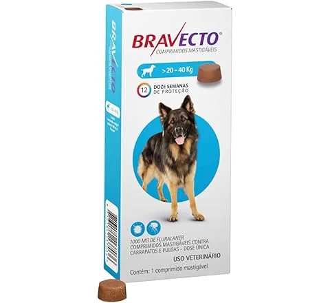 Bravecto® 1000mg Comprimido Mastigável Antipulgas e Carrapatos para Cães de 20 a 40kg – 1 Comprimido – MSD Saúde Animal