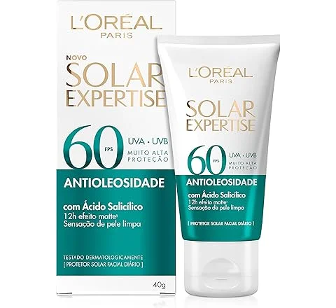 L'Oréal Paris Protetor Facial Solar Expertise Antioleosidade FPS 60, 40g | com Ácido Salicílico, possui Efeito Matte e Cont…
