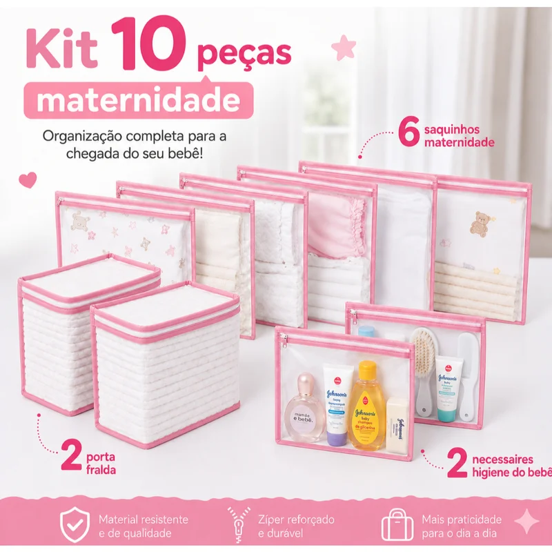 Kit 10 Peças Maternidade – 6 Saquinhos Organizadores + 4 Porta Fralda/Remédio Necessaire