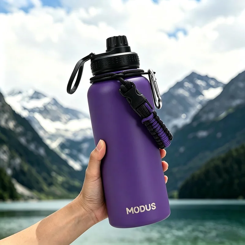 MODUS Garrafa Térmica 950ml – 24h Gelada, Alça Paracord, Tampa Antivazamento, sem BPA (Roxo)