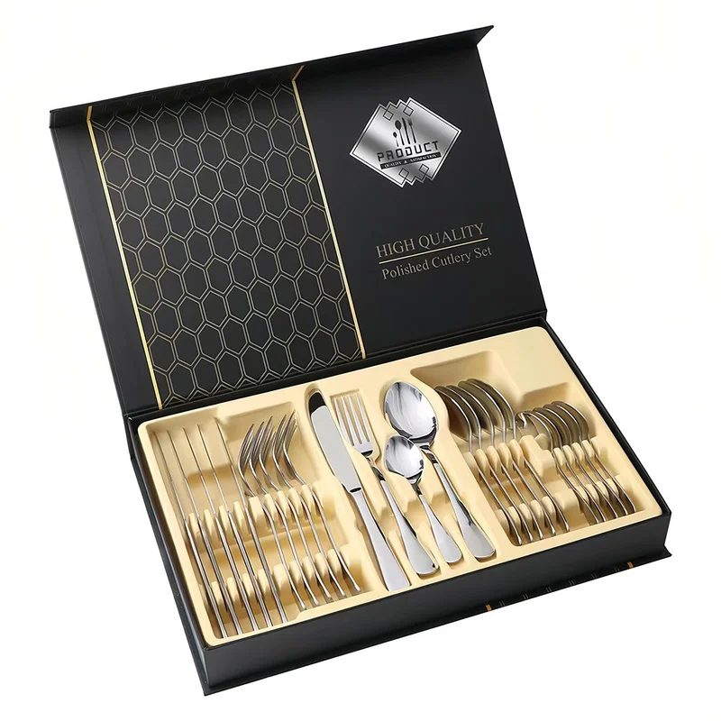 BEMMY 24 Kit Jogo de Talheres, Talheres de aço inoxidável,Caixa de Presente Luxuosa para Talheres, Faca, Garfo e Colher,Jogo Faqueiro Conjunto Aço Inox Luxo Jogo (Prata)