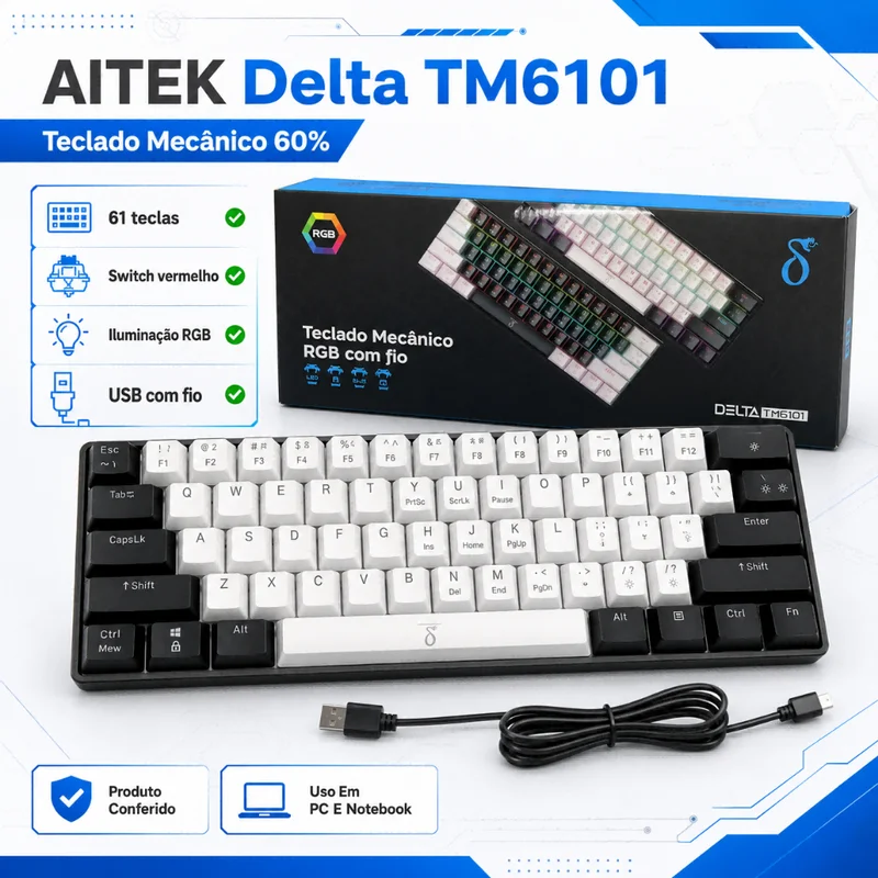 Teclado Mecânico AITEK Delta TM6101 60% RGB Switch Vermelho USB Com Fio ABNT2 61 Teclas